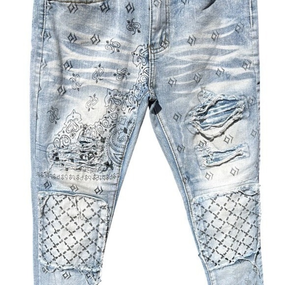 Waimea Skinny Fit Distressed Bandana Print Jeans Light Wash Mens 26x30